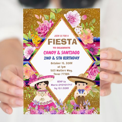  Mexican Floral Fiesta Sibling Combined Birthday  Invitation