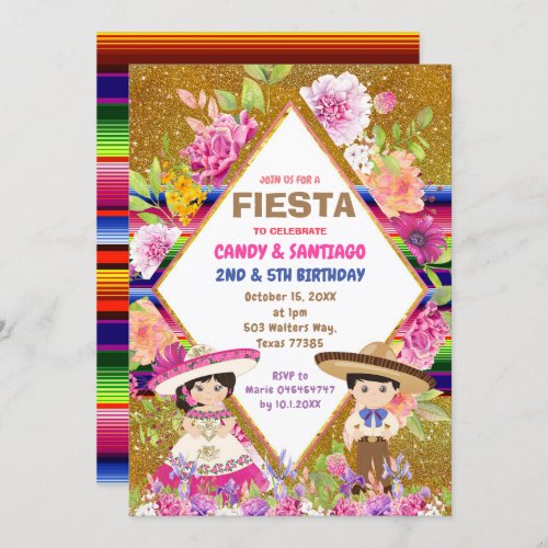  Mexican Floral Fiesta Sibling Combined Birthday  Invitation