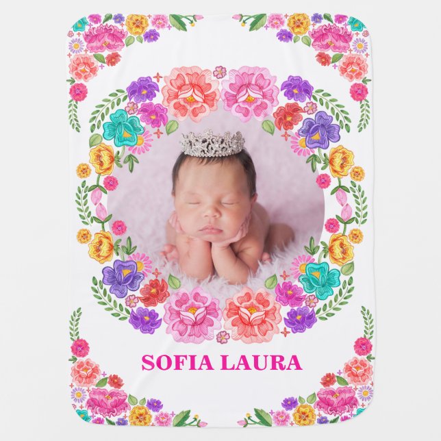 Mexican Floral Fiesta Wreath Monogram Girl Photo Baby Blanket (Front)