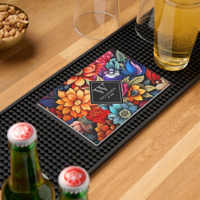 Mexican Floral Folk Art Custom Monogram Bar Mat (Insitu (Bar 2))