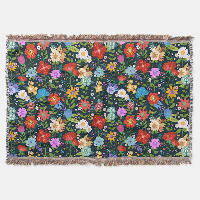 Mexican Floral Folk Art Throw Blanket (Front)