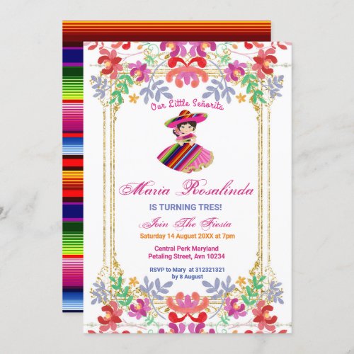Mexican Floral Girl Fiesta Tres Birthday Invitation