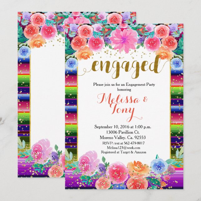 Mexican Floral Gold Glitter engagement party Invitation (Front/Back)