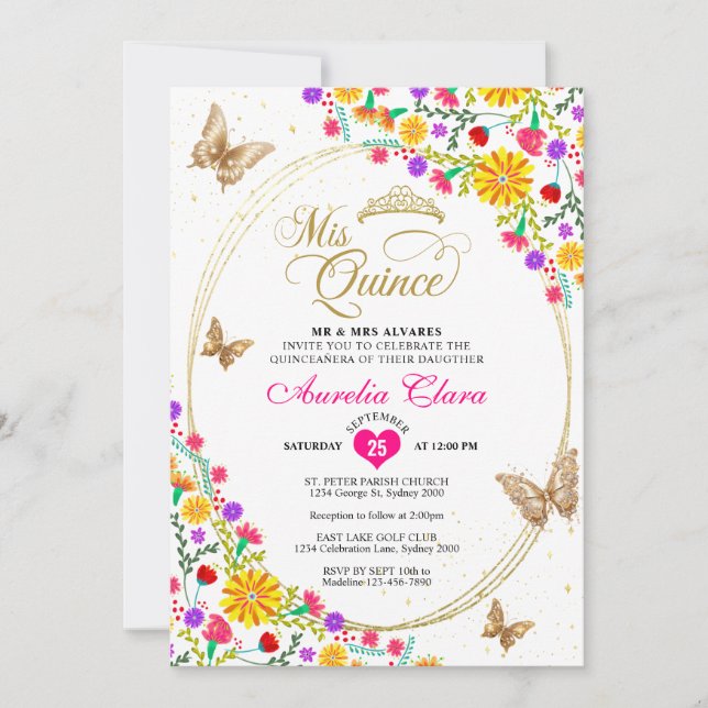 Mexican Floral Gold Tiara Butterfly Quinceañera Invitation (Front)