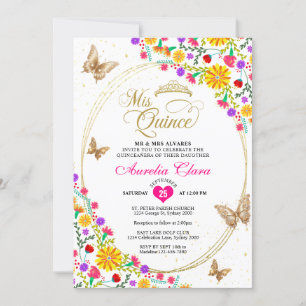 Mexican Floral Gold Tiara Butterfly Quinceañera Invitation