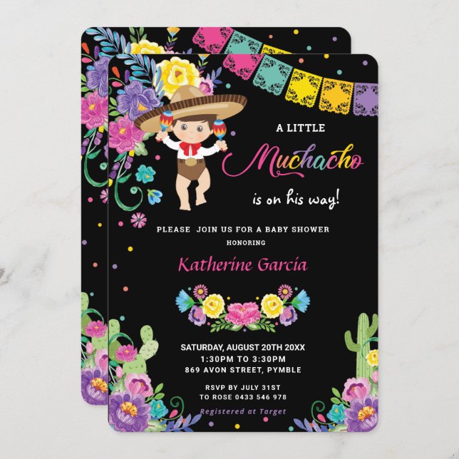 Mexican Floral Little Muchacho Boy Baby Shower  Invitation (Front/Back)