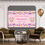 Mexican Floral Pink Quinceanera Birthday Party Banner<br><div class="desc">Pretty Pink Quinceañera Banner which you can personalize for your quinceanera birthday party. This vibrant Mexican Fiesta theme has beautiful borders of Folk Art flowers. This pink party banner has a fresh and cheerful color palette of pink, purple, blue green and yellow, whilst the handwritten lettering has a carefree, bouncy...</div>