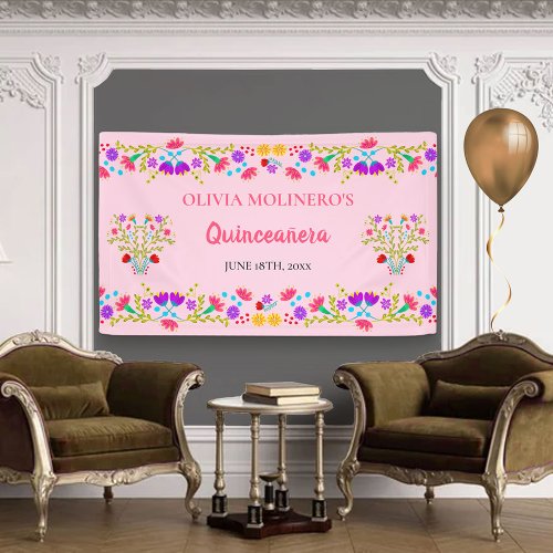 Mexican Floral Pink Quinceanera Birthday Party Banner