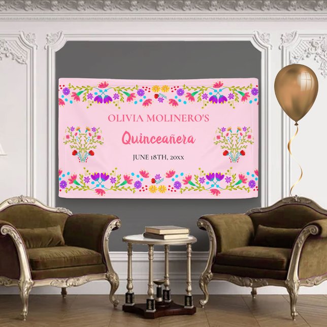 Mexican Floral Pink Quinceanera Birthday Party Banner (Creator Uploaded)