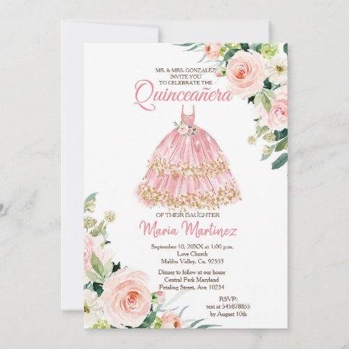 Mexican Floral Rose Gold Princess Quinceanera  Invitation