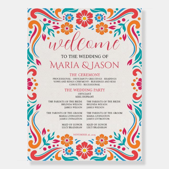 Mexican Floral Traditional Fiesta Wedding Program Foam Board (Front)