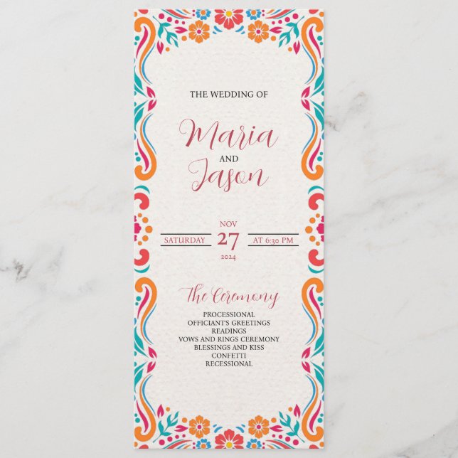 Mexican Floral Traditional Folk Art Fiesta Wedding Program (Front)