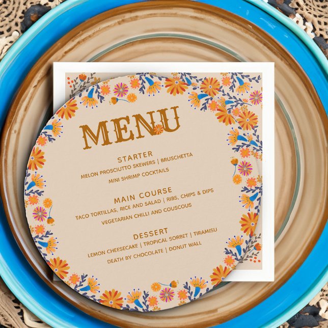 Mexican Floral Western Earthy Boho Tan Blue Menu (Round Menu cards with for Quinceanera or other occasion with western boho mexican floral design)