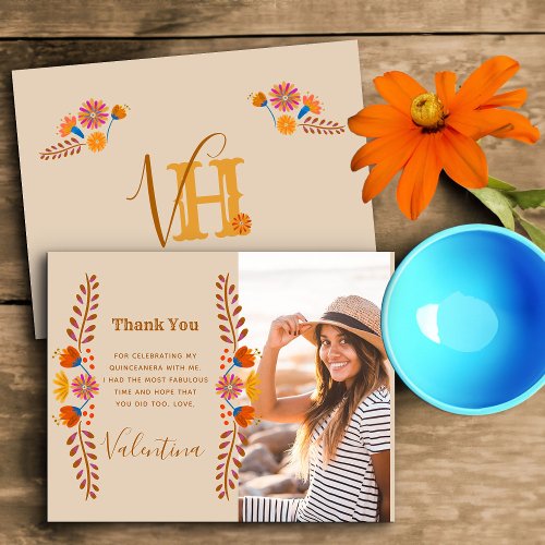 Mexican Floral Western Typography Monogram Photo Thank You Card