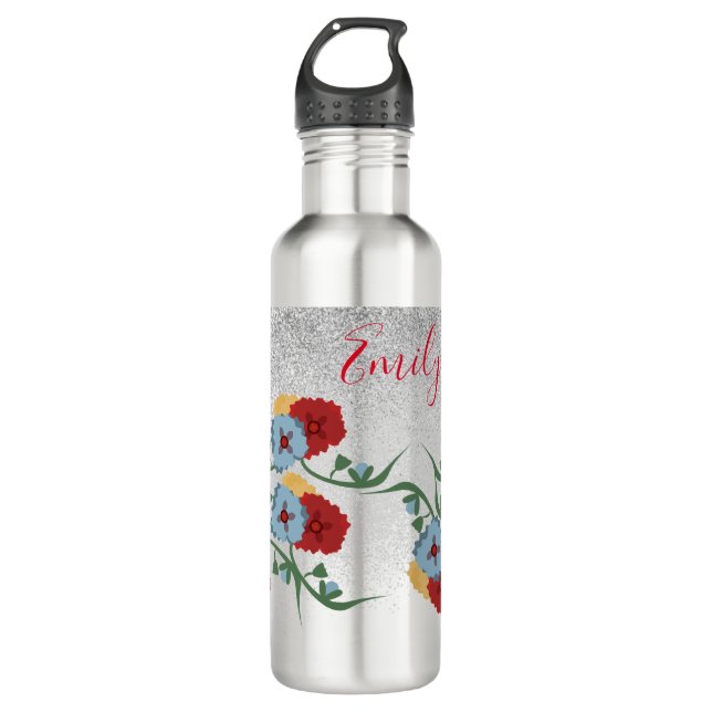 Mexican Florals Green Sparkle Monogrammed Name   Stainless Steel Water Bottle (Front)