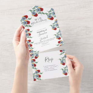 Mexican Florals Red Blue Botanicals Wedding All In One Invitation