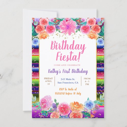 Mexican Flower Floral Fiesta Birthday Party  Invitation