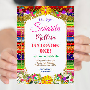 Mexican Flower Gold Glitter Girl Fiesta Birthday Invitation