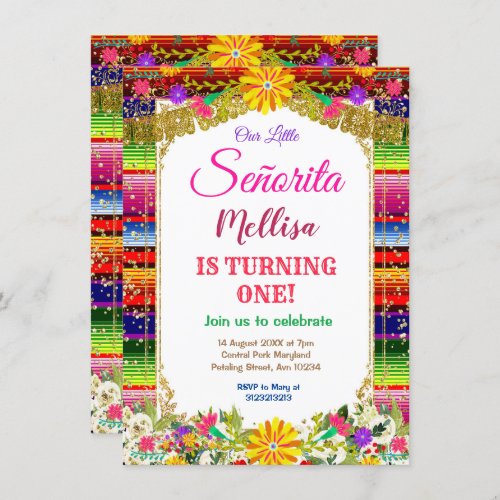 Mexican Flower Gold Glitter Girl Fiesta Birthday Invitation