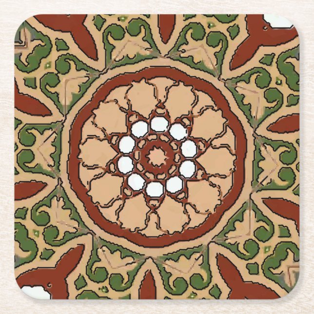 Mexican Flower Tile Square Paper Coaster (Front)