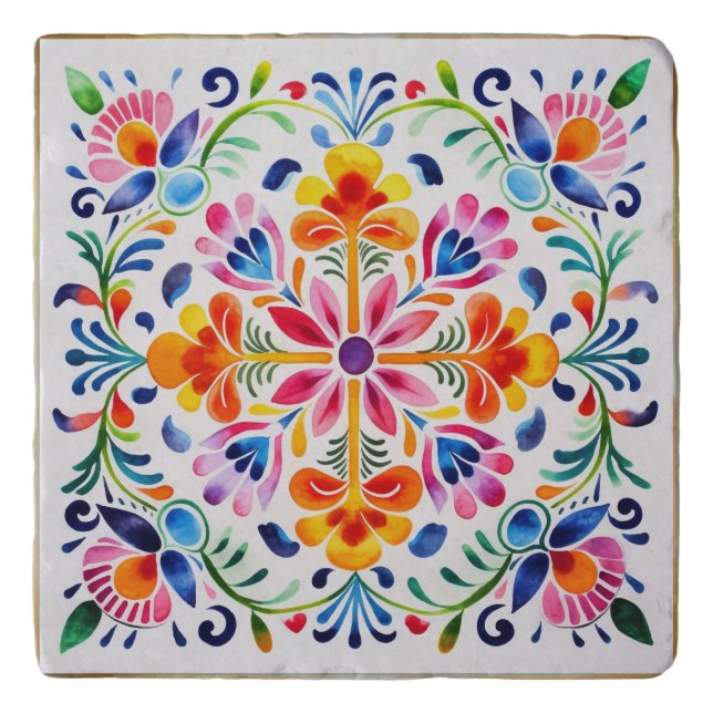 Mexican Flowers Art Stone Trivet (Front)