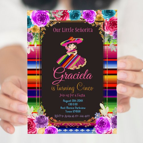  Mexican Flowers Fiesta Birthday Gold Girl   Invitation