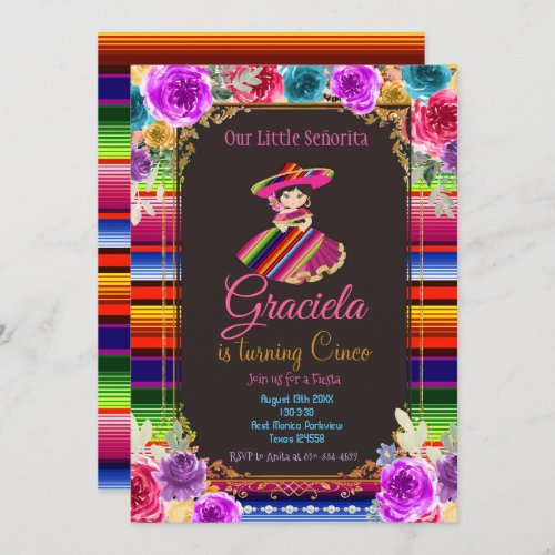  Mexican Flowers Fiesta Birthday Gold Girl   Invitation