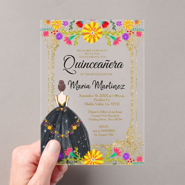 Mexican Flowers with Gold Black Quinceañera Acrylic Invitations (Insitu (Handheld))
