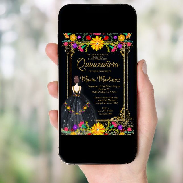 Mexican Flowers with Gold Black Quinceañera Invitation (Front Digital)
