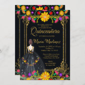 Mexican Flowers with Gold Black Quinceañera Invitation (Front/Back)
