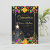 Mexican Flowers with Gold Black Quinceañera Invitation (Standing Front)
