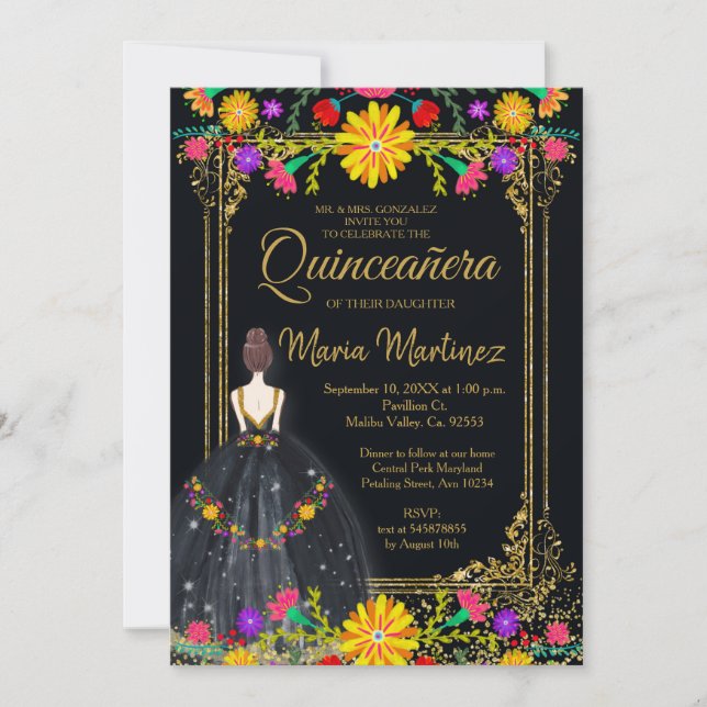 Mexican Flowers with Gold Black Quinceañera Invitation (Front)