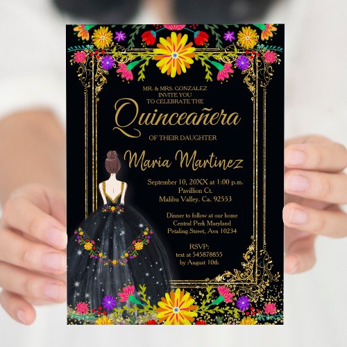 Mexican Flowers with Gold Black Quinceaera Invitation