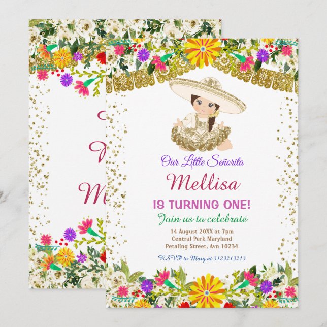 Mexican Flowers with Gold Glitter Birthday Invitation (Front/Back)