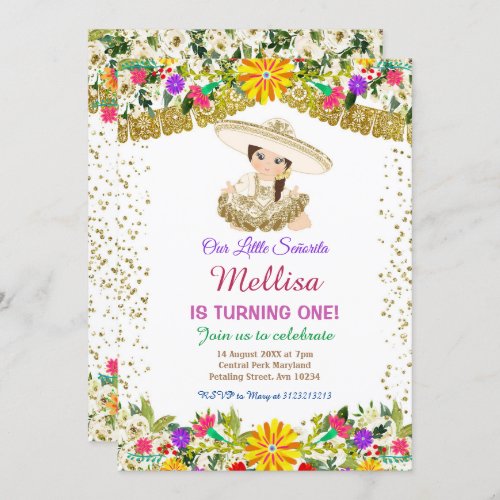 Mexican Flowers with Gold Glitter Birthday Invitation