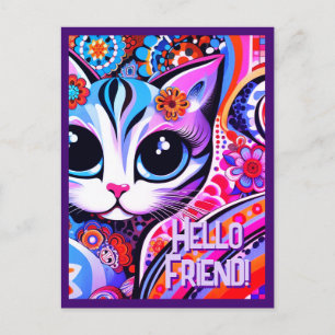 Mexican Folk Art Abstract Kitty Cat Birthday Postcard