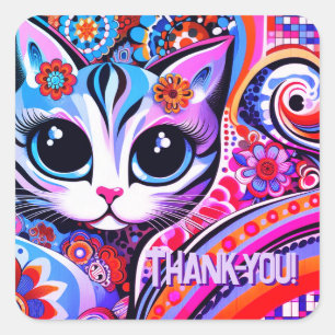 Mexican Folk Art Abstract Kitty Cat Birthday Square Sticker
