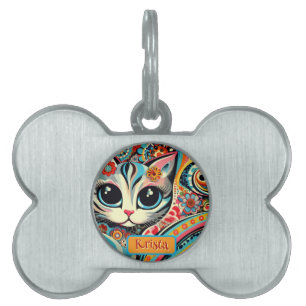 Mexican Folk Art Abstract Kitty Cat Personalized Pet ID Tag