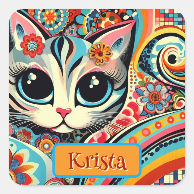 Mexican Folk Art Abstract Kitty Cat Personalized Square Sticker (Front)