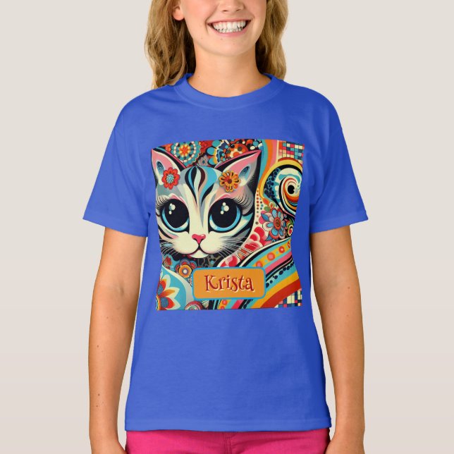 Mexican Folk Art Abstract Kitty Cat Personalized T-Shirt (Front)