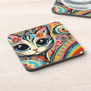 Mexican Folk Art Abstract Kitty Cat Talavera Style Beverage Coaster