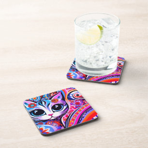 Mexican Folk Art Abstract Kitty Cat Talavera Style Beverage Coaster