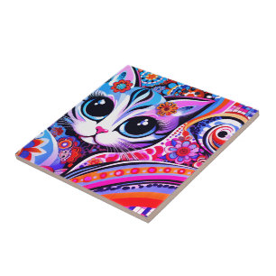 Mexican Folk Art Abstract Kitty Cat Talavera Style Ceramic Tile