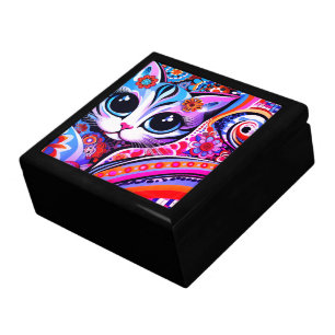 Mexican Folk Art Abstract Kitty Cat Talavera Style Gift Box