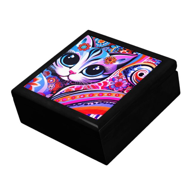 Mexican Folk Art Abstract Kitty Cat Talavera Style Gift Box (Side)