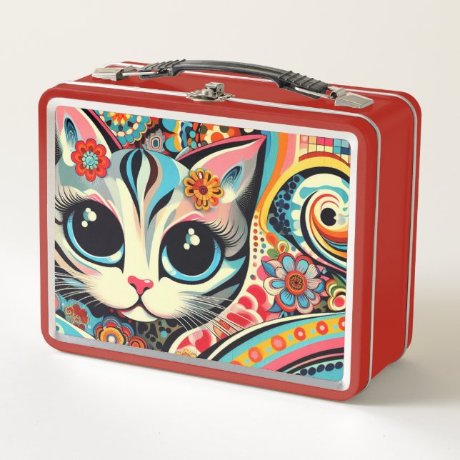 Mexican Folk Art Abstract Kitty Cat Talavera Style Metal Lunch Box (Front)