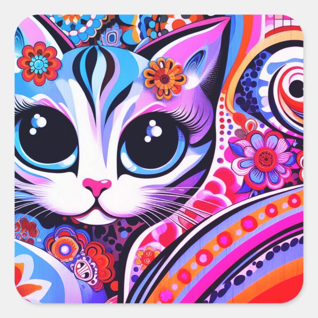 Mexican Folk Art Abstract Kitty Cat Talavera Style Square Sticker (Front)