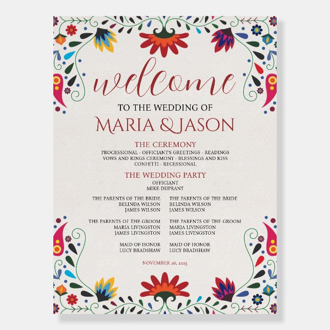 Mexican Folk Art Floral Botanical Wedding Program Foam Board (Front)