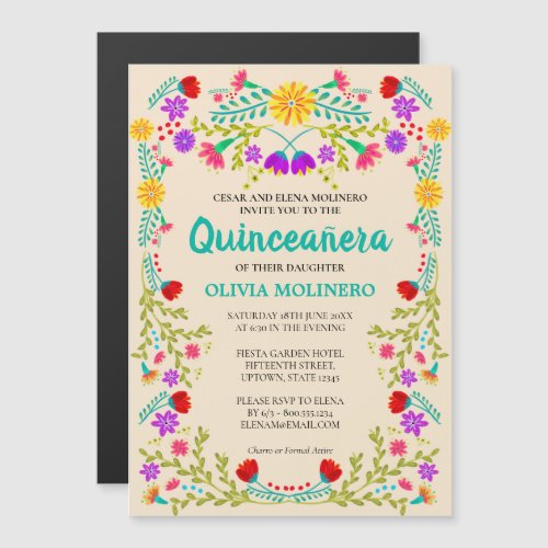Mexican Folk Art Floral Champagne Quinceanera Magnetic Invitation