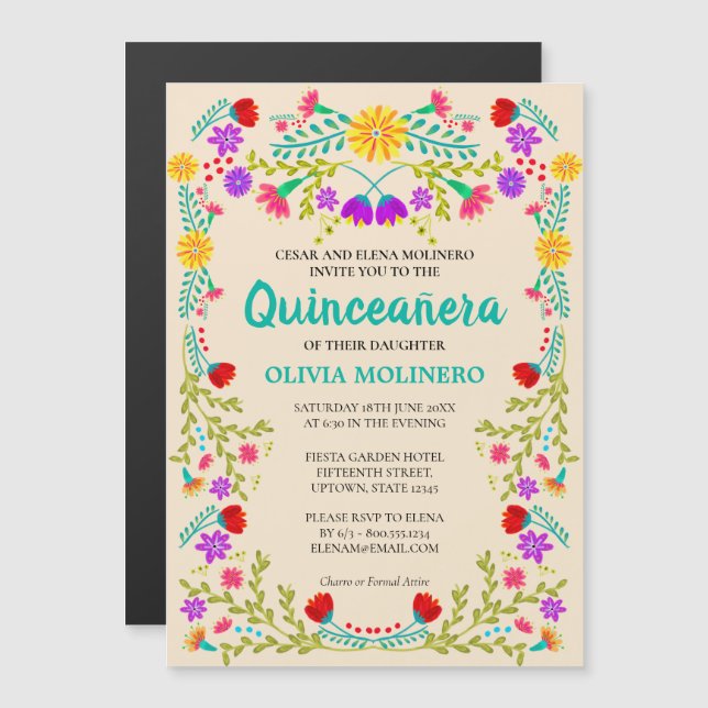 Mexican Folk Art Floral Champagne Quinceanera Magnetic Invitation (Front/Back)
